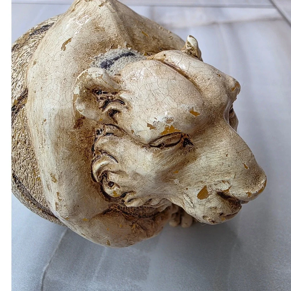 Vintage Sculpted Tiger Head Sphere Candle Cream Tan Textured Safari Decor P4‎